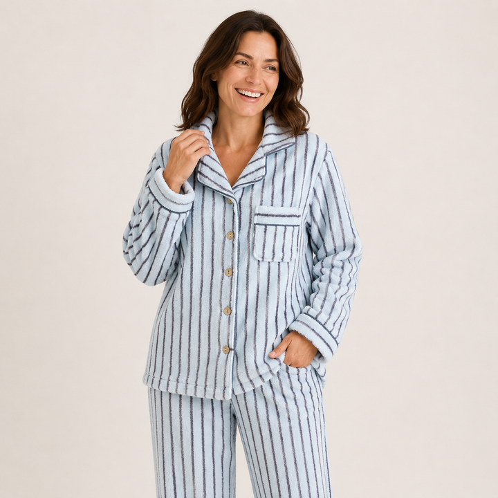 Striped Fleece Pajama Set for Women, Coral Fleece Long Sleeve
