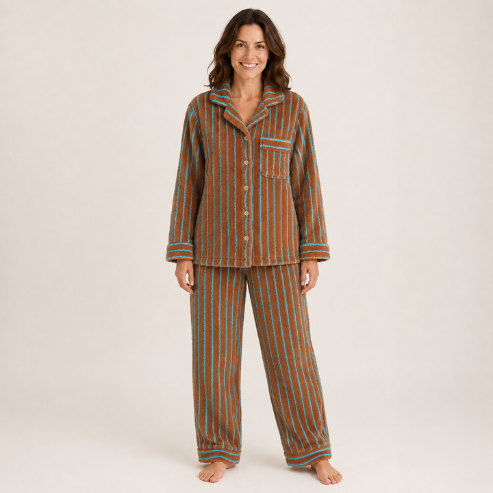 Striped Fleece Pajama Set for Women, Coral Fleece Long Sleeve