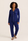 Classic Long Pajama Set for Women in Navy, Contrast Piping