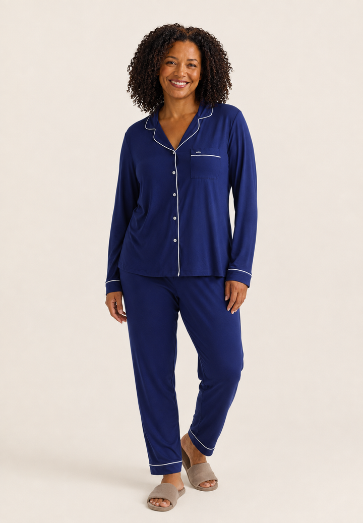 Classic Long Pajama Set for Women in Navy, Contrast Piping