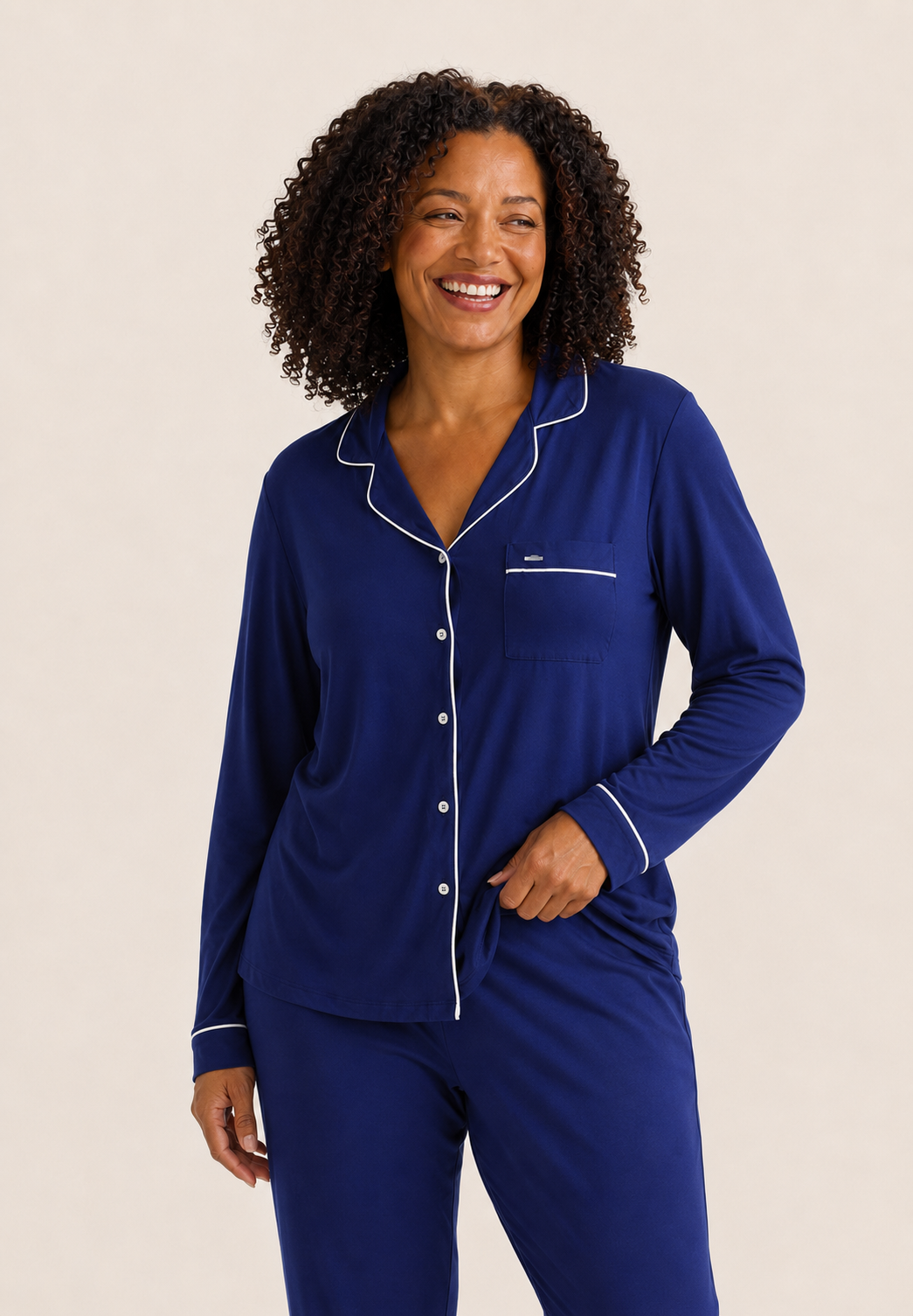 Classic Long Pajama Set for Women in Navy, Contrast Piping
