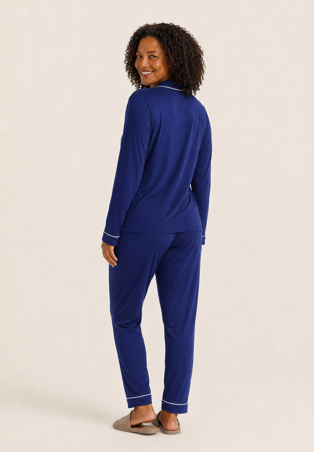 Classic Long Pajama Set for Women in Navy, Contrast Piping