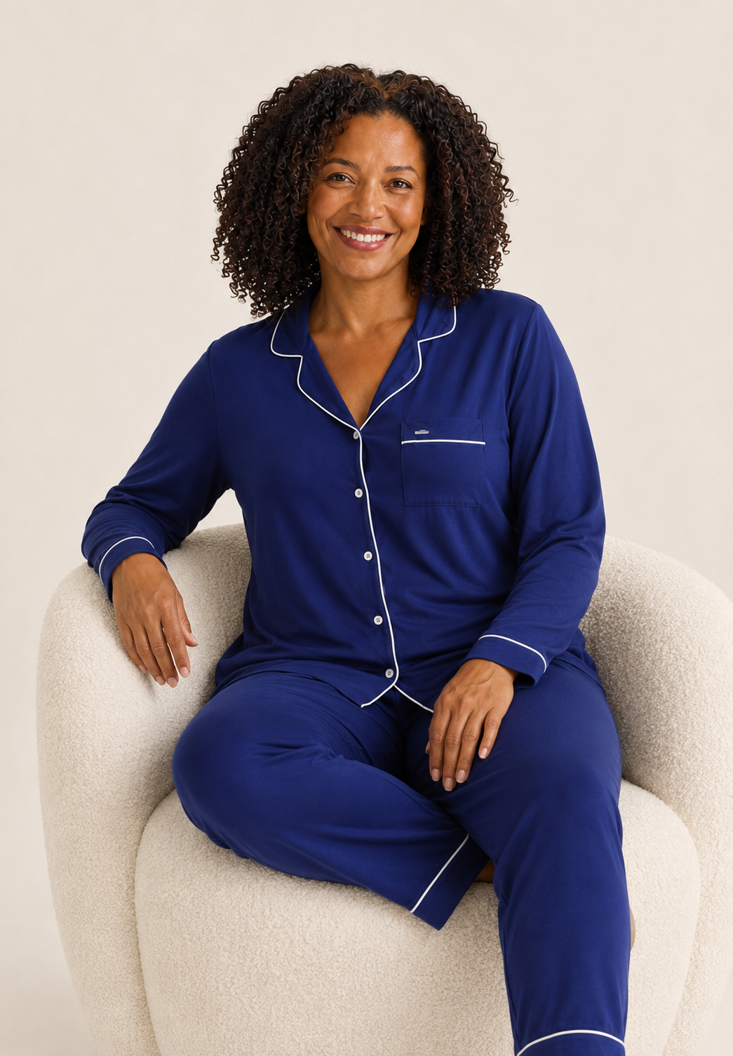Classic Long Pajama Set for Women in Navy, Contrast Piping