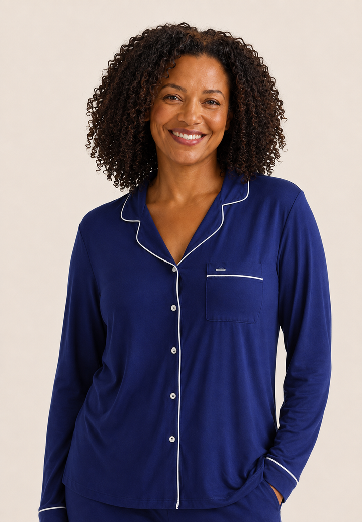 Classic Long Pajama Set for Women in Navy, Contrast Piping