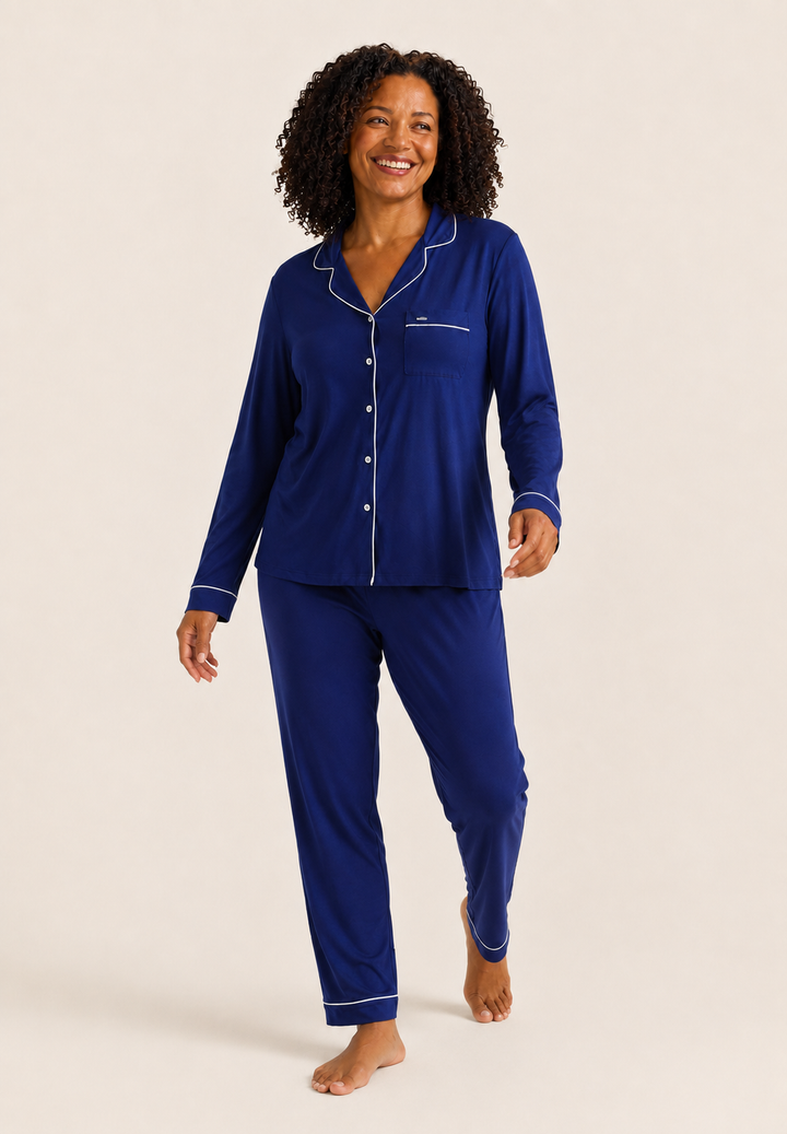 Classic Long Pajama Set for Women in Navy, Contrast Piping