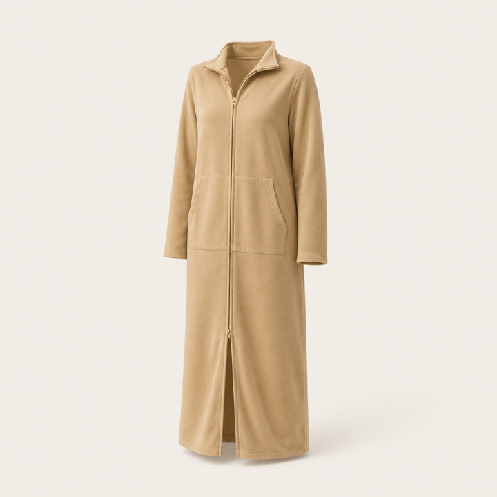 Beige long zip-front robe with pockets on a neutral background