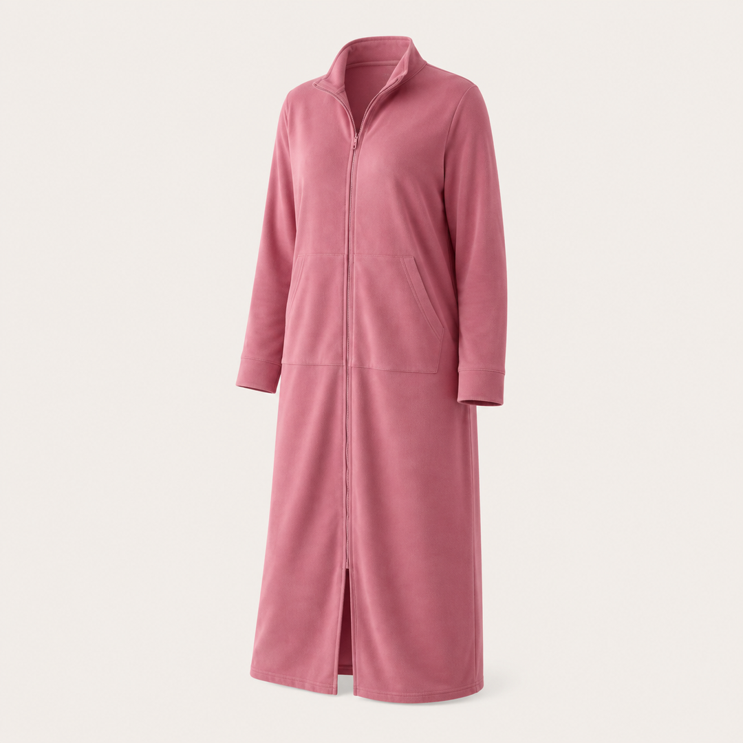 Dark Pink long zip-front robe with pockets on a neutral background
