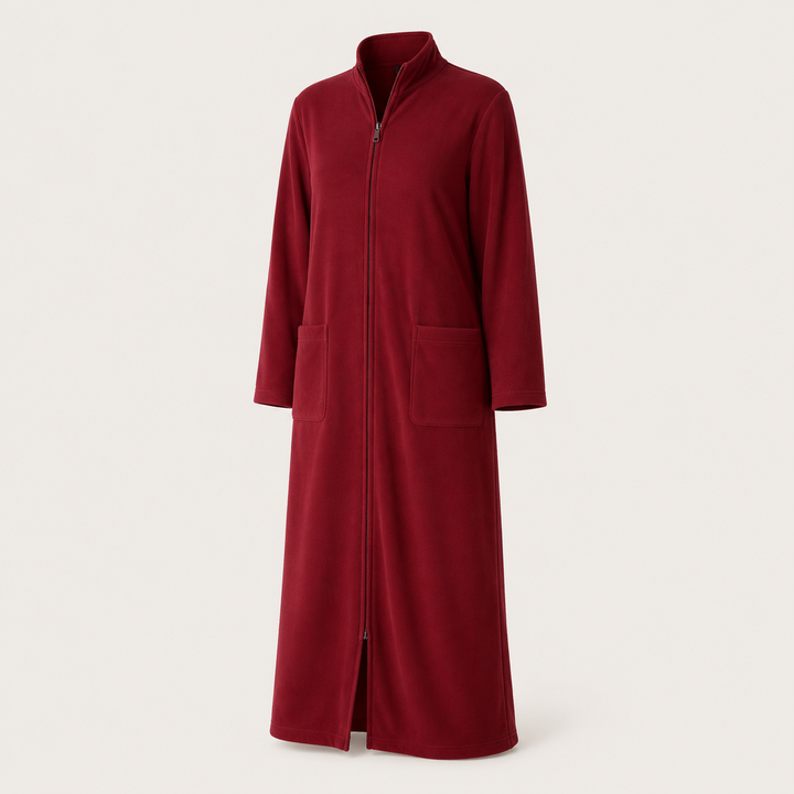Maroon long zip-front robe with pockets on a neutral background