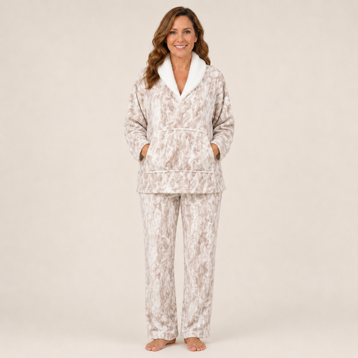 Printed Satin Pajama Set for Women, V-Neck Long Sleeve