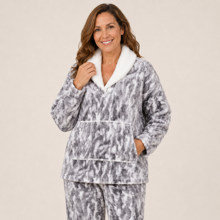 Printed Satin Pajama Set for Women, V-Neck Long Sleeve