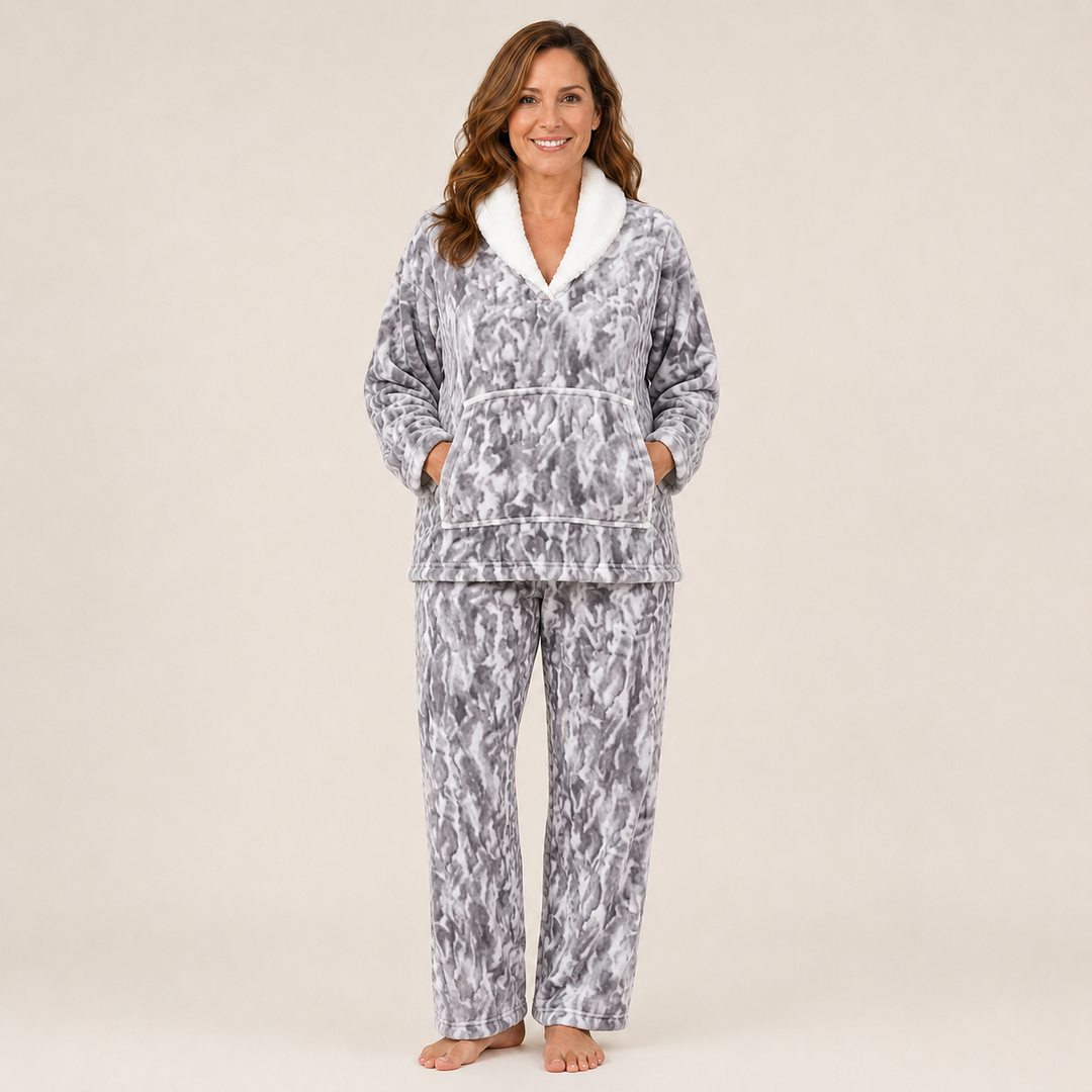 Printed Satin Pajama Set for Women, V-Neck Long Sleeve