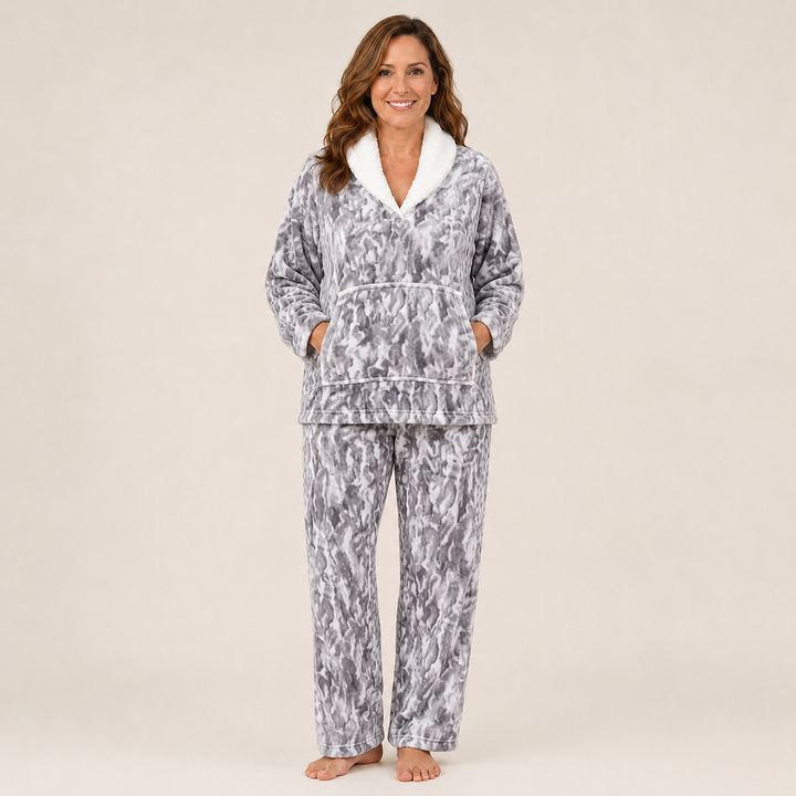 Printed Satin Pajama Set for Women, V-Neck Long Sleeve
