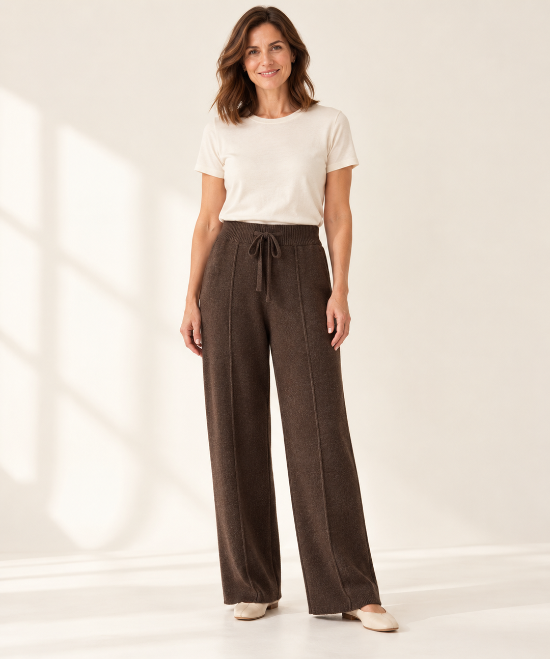 Knit Wide-Leg Pants for Women, High Waist Lounge Trousers