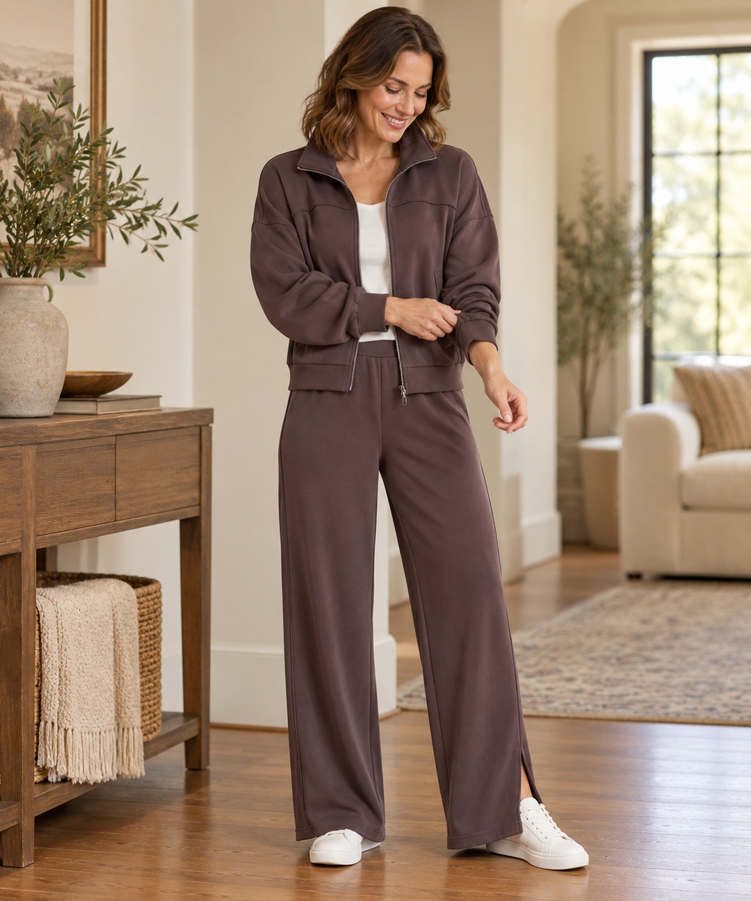 Modal Lounge Set for Women, Zip Jacket and Wide-Leg Pants