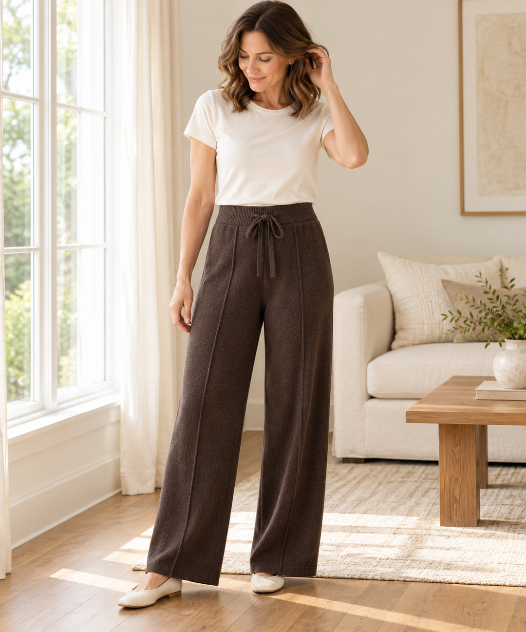 Knit Wide-Leg Pants for Women, High Waist Lounge Trousers