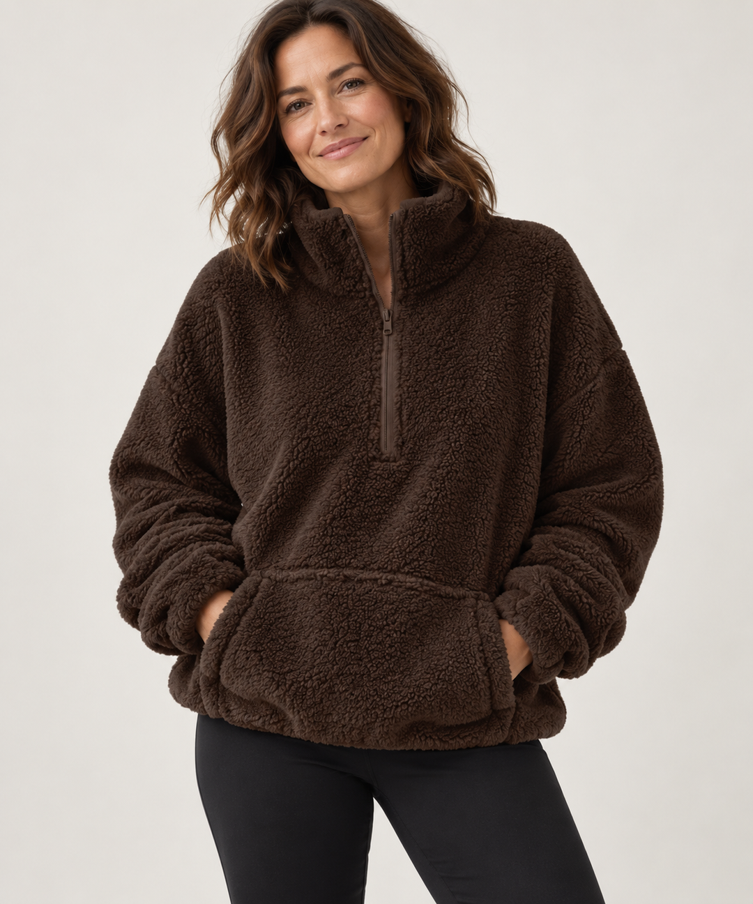 Teddy Fleece Half-Zip for Women, Oversized with Stand Collar