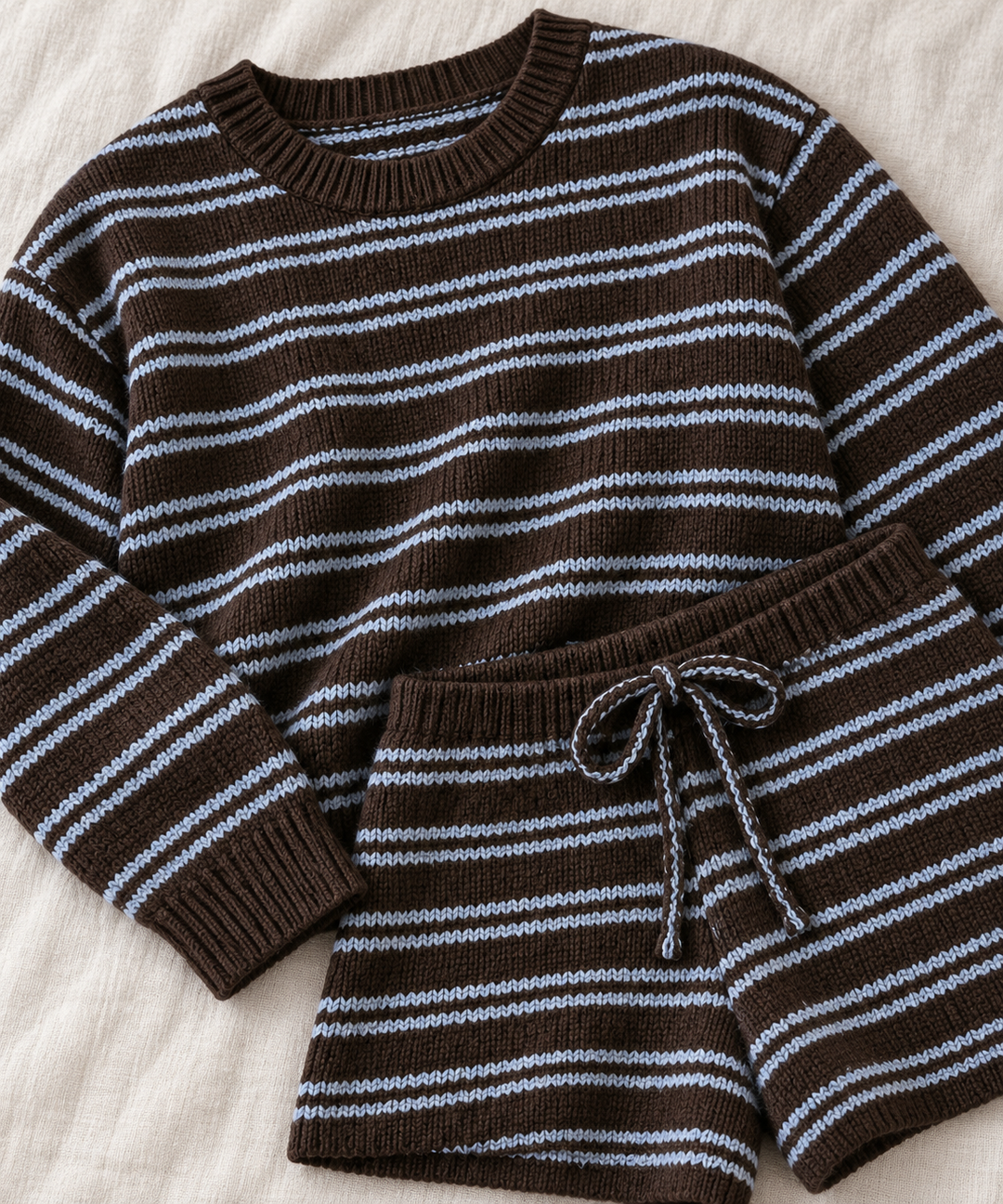 Striped Knit Lounge Set for Women, Long Sleeve Top and Shorts