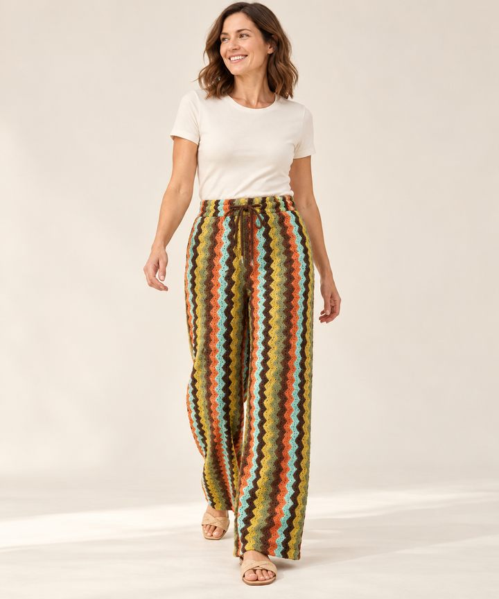 Crochet Knit Wide-Leg Pants for Women, Striped Pants