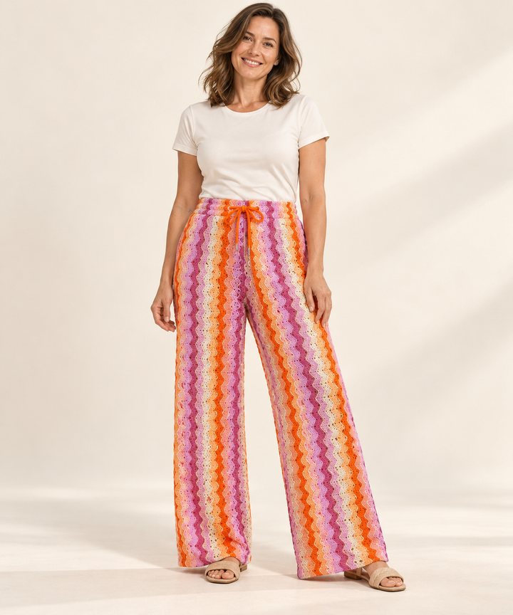 Crochet Knit Wide-Leg Pants for Women, Striped Pants