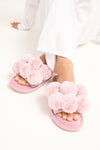 Pom Pom Slippers for Women in Pink, Velour Slide Slippers