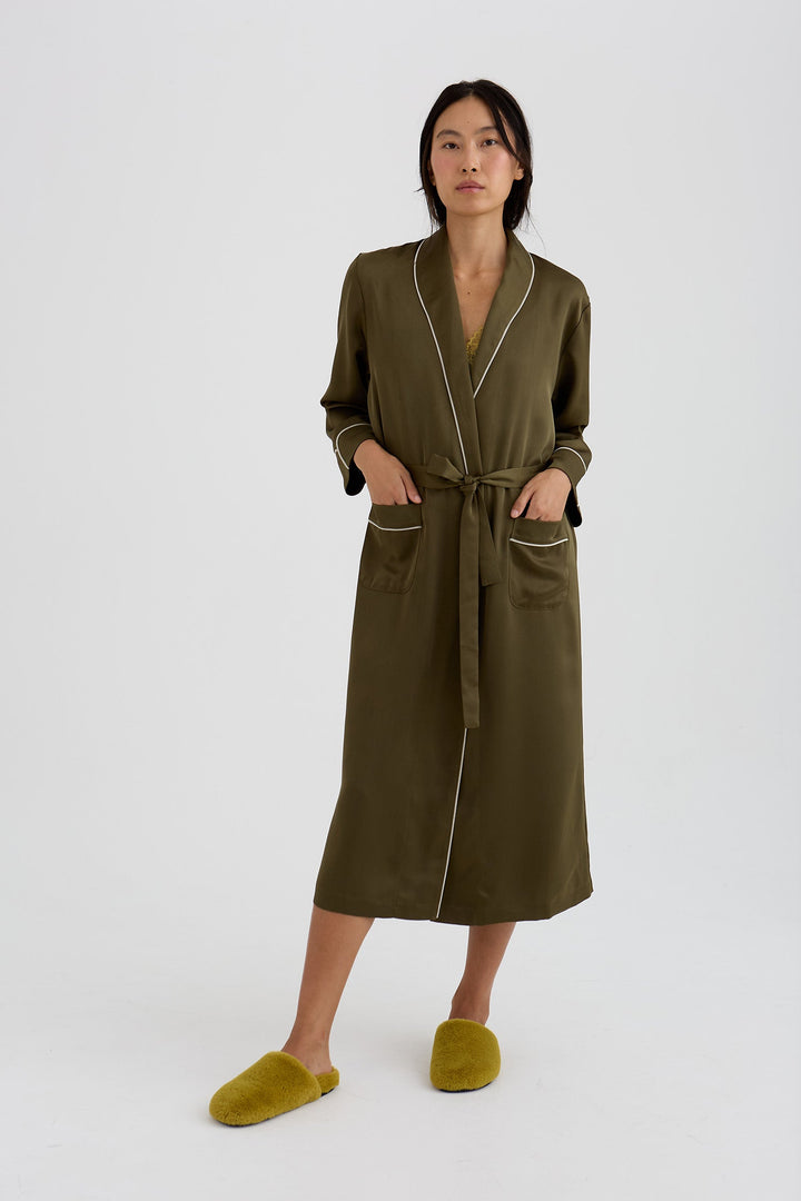 Long Satin Robe for Women in Olive, Shawl Collar with Piping