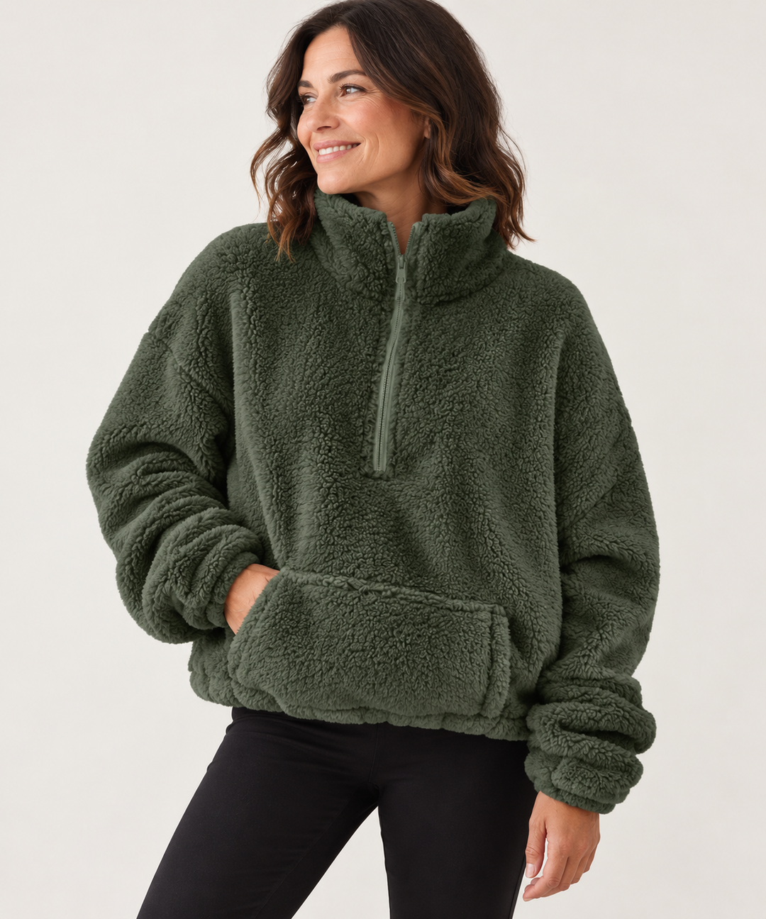Teddy Fleece Half-Zip for Women, Oversized with Stand Collar