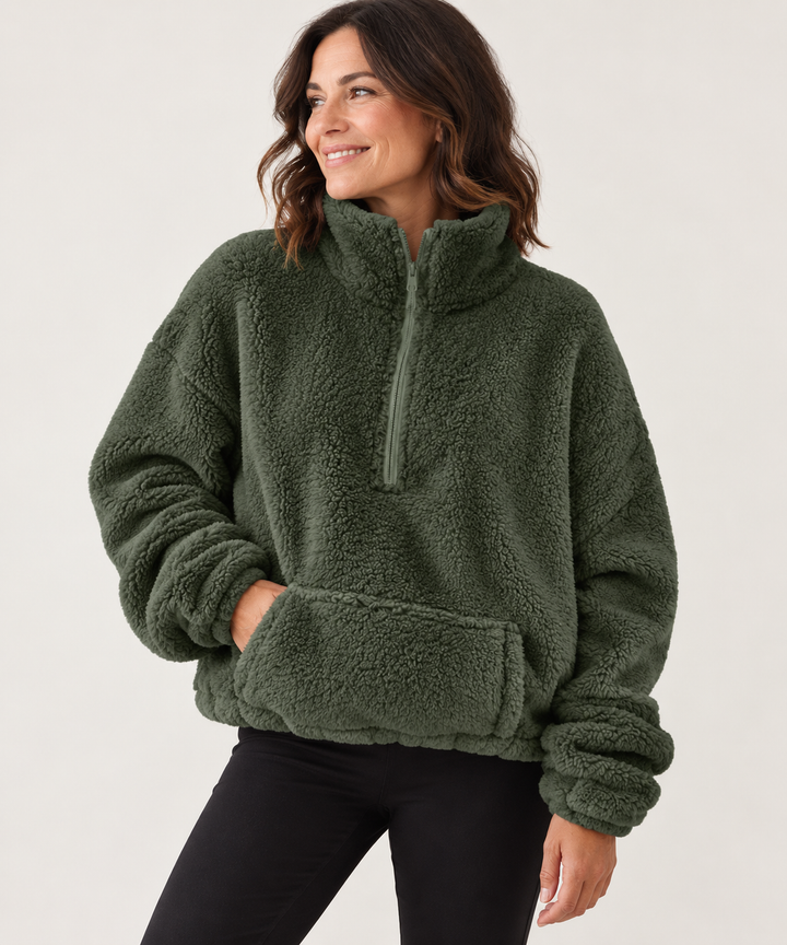 Teddy Fleece Half-Zip for Women, Oversized with Stand Collar