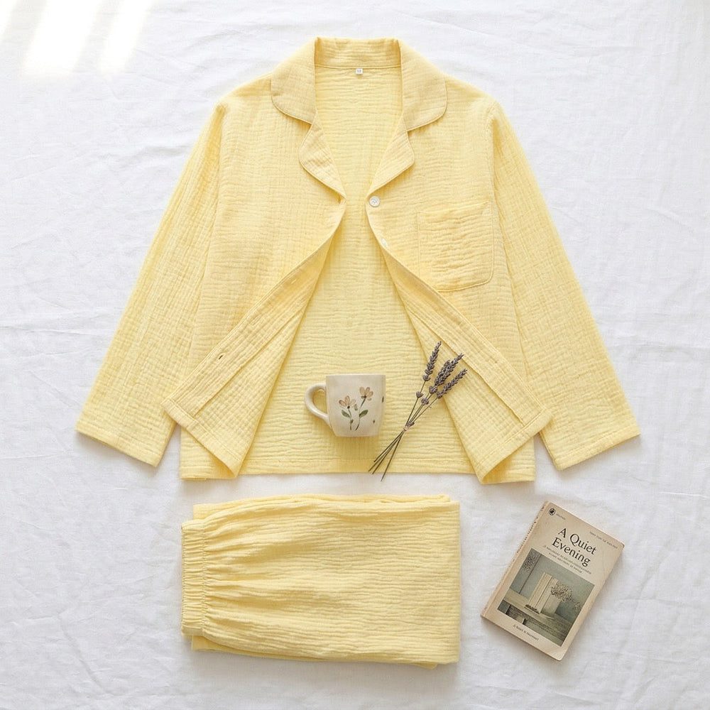 Women's solid color muslin pajama set - shown flat
