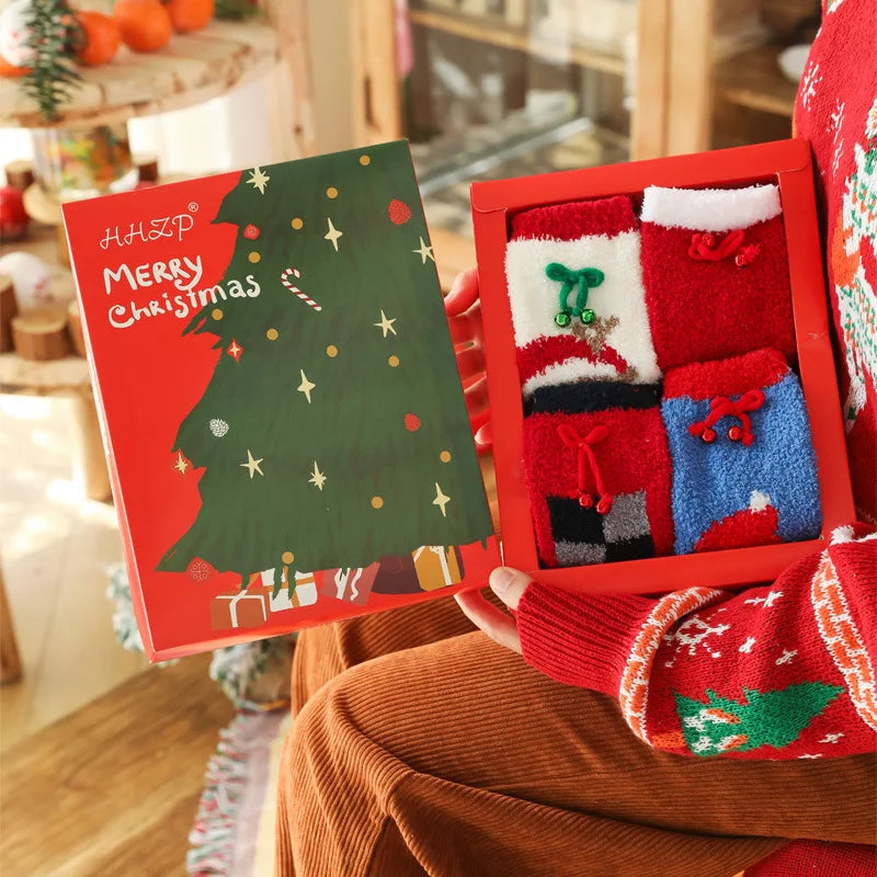Plush fleece Christmas crew socks with cartoon holiday designs