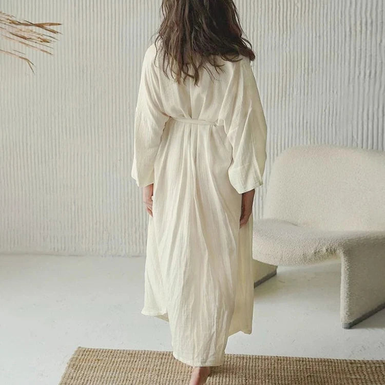 100% Cotton Belted Maxi Nightgown with Pockets in Apricot