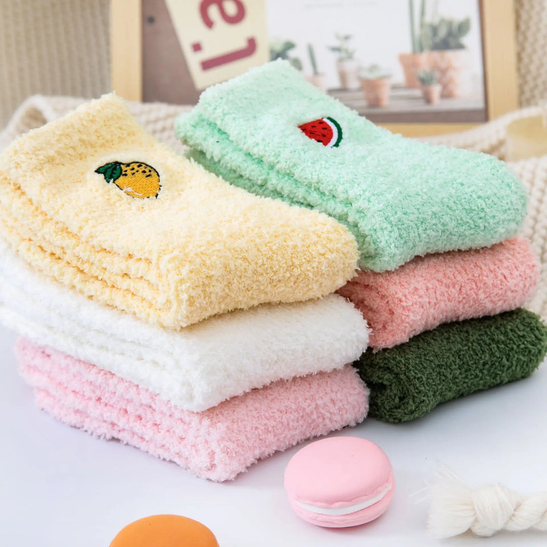 Fluffy bed socks for women shown folded