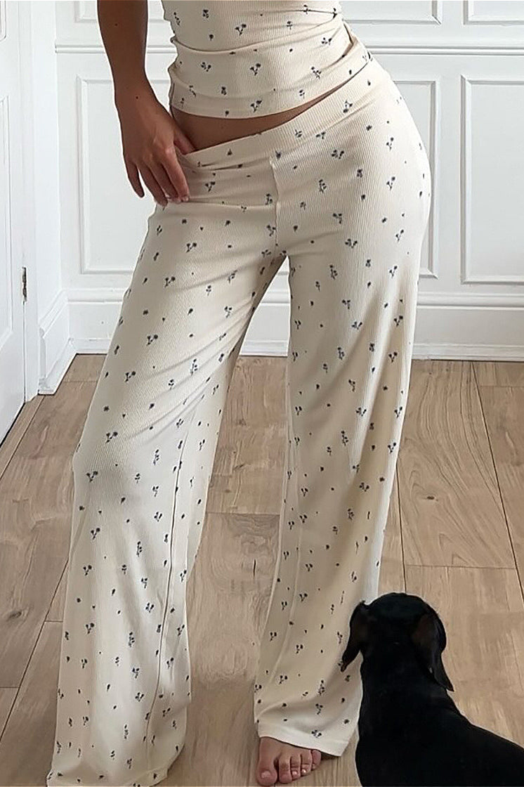 Floral Lounge Set for Women, Scoop Neck and Wide Leg Pants