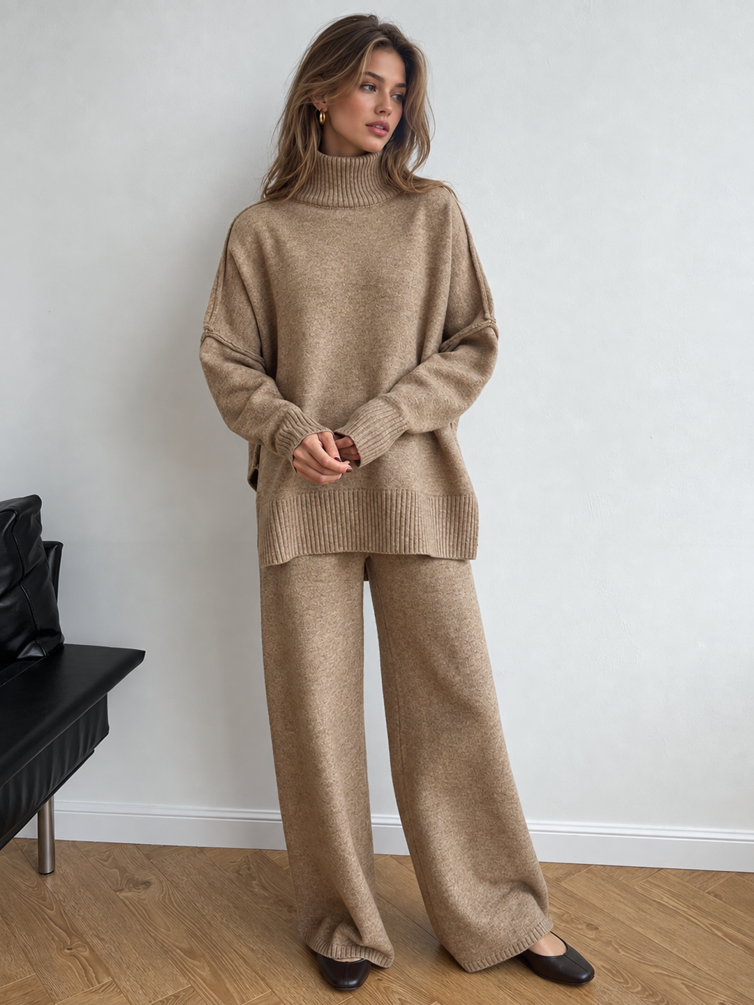Turtleneck Knit Lounge Set for Women, Top and Wide Leg Pants