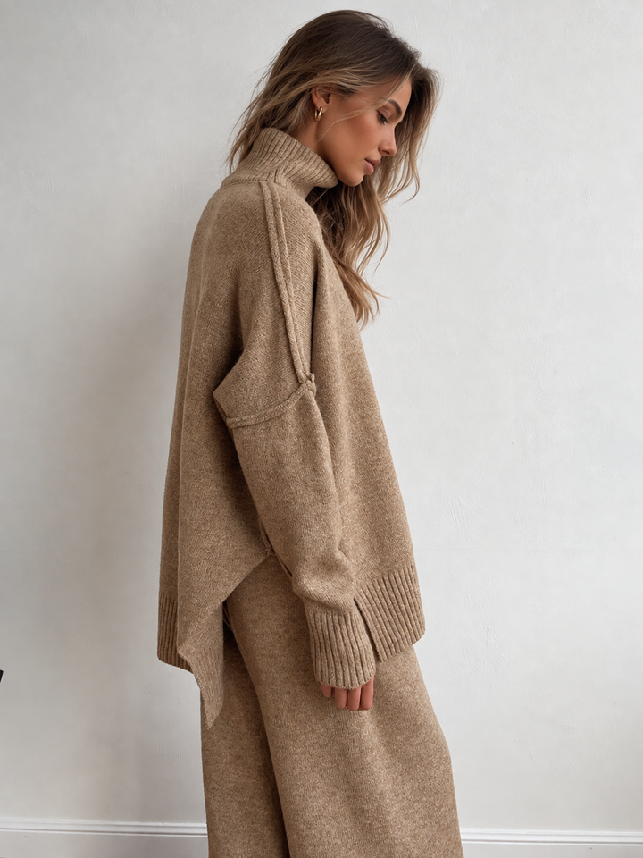 Turtleneck Knit Lounge Set for Women, Top and Wide Leg Pants