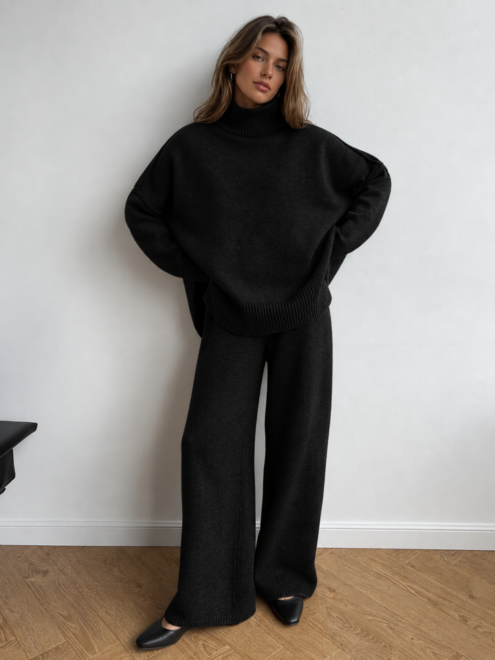 Turtleneck Knit Lounge Set for Women, Top and Wide Leg Pants