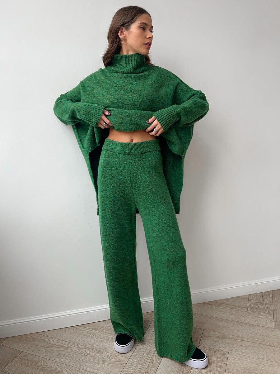 Turtleneck Knit Lounge Set for Women, Top and Wide Leg Pants
