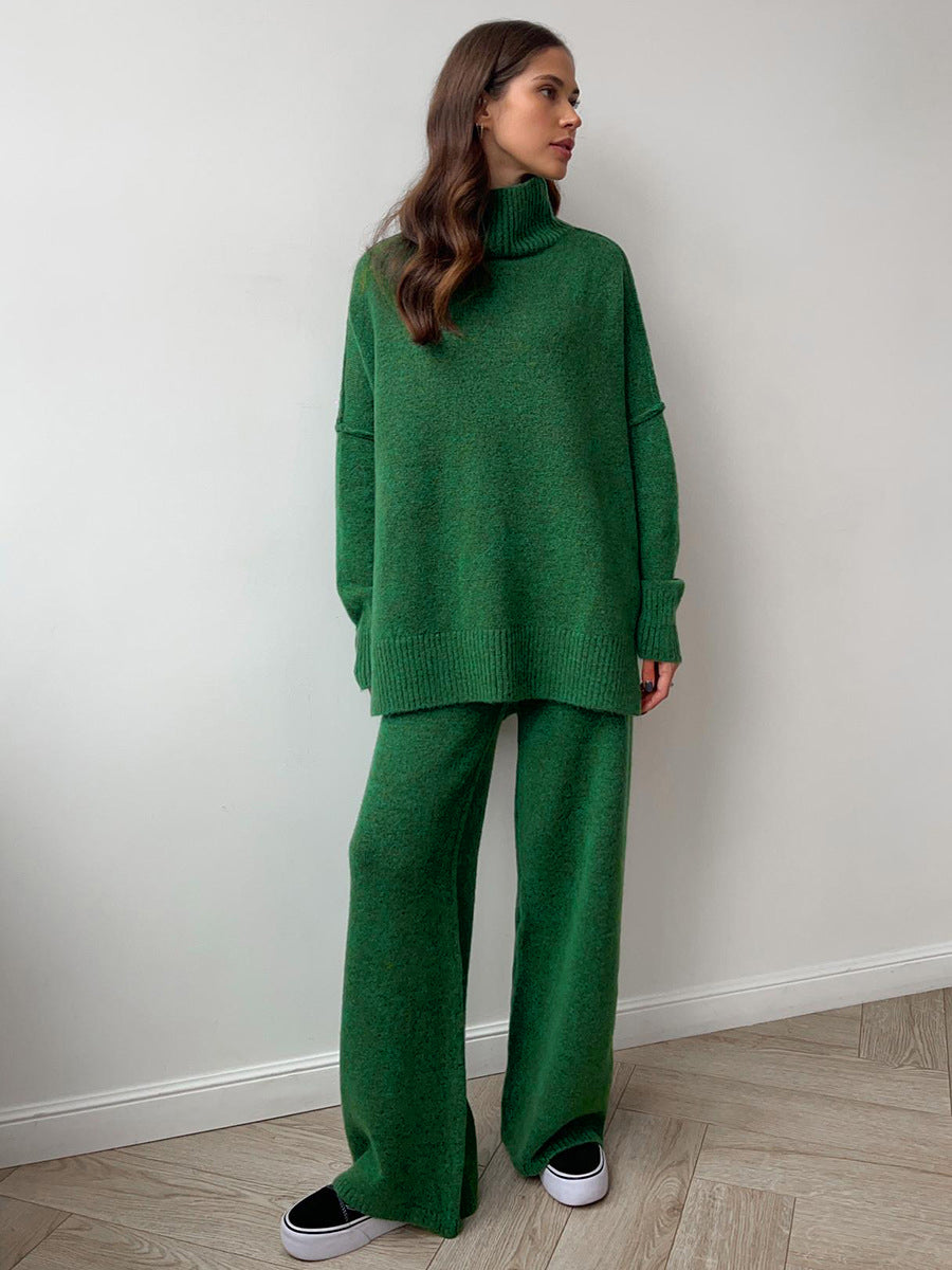 Turtleneck Knit Lounge Set for Women, Top and Wide Leg Pants