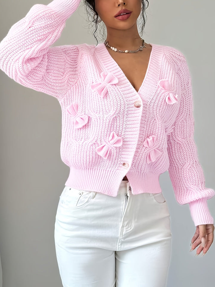 Cable Knit Cardigan for Women, V-Neck with Bow Detail