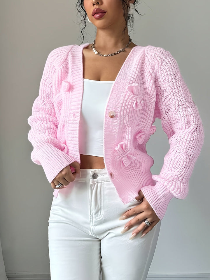 Cable Knit Cardigan for Women, V-Neck with Bow Detail