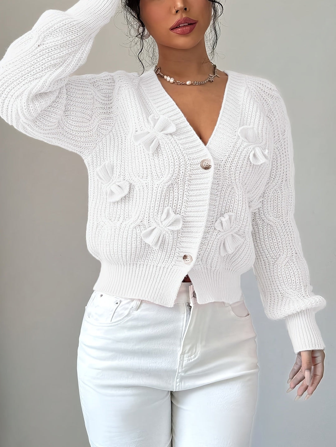 Cable Knit Cardigan for Women, V-Neck with Bow Detail