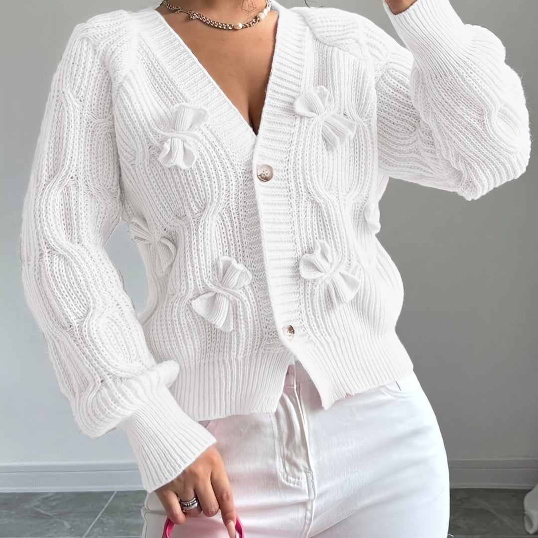 Cable Knit Cardigan for Women, V-Neck with Bow Detail