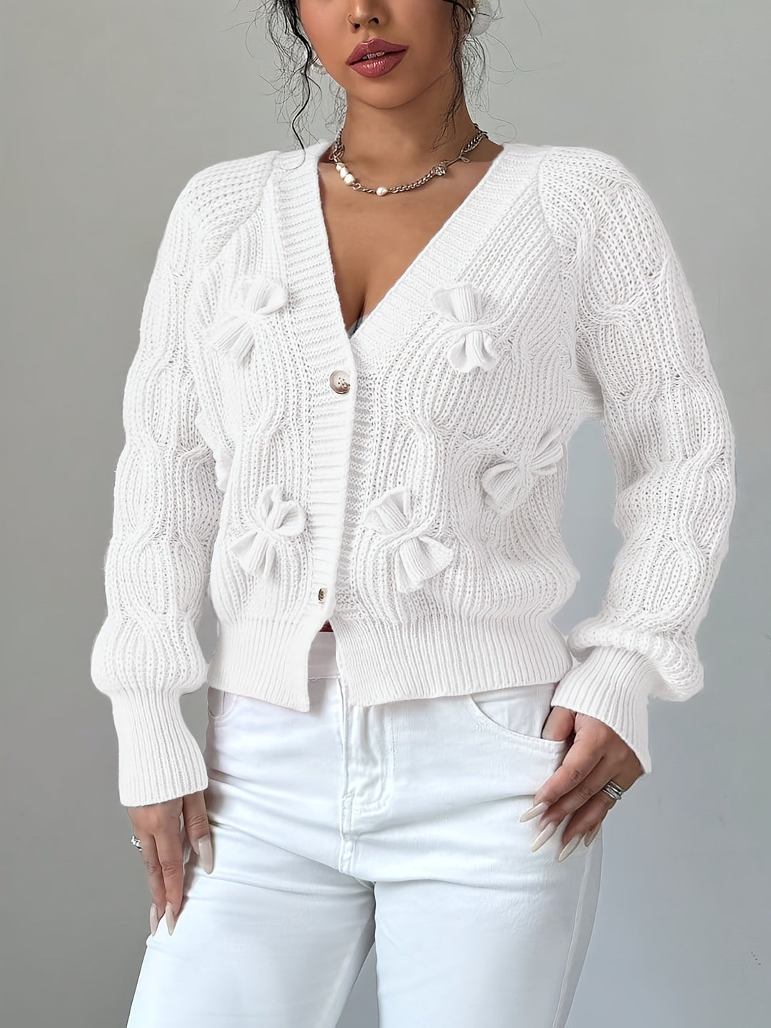 Cable Knit Cardigan for Women, V-Neck with Bow Detail