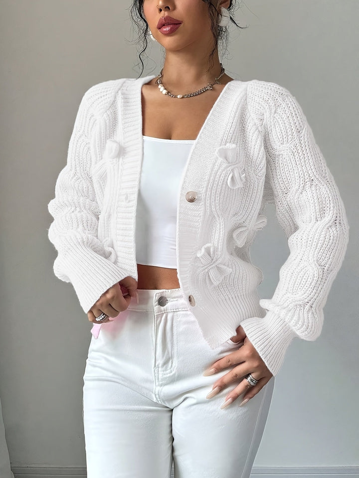 Cable Knit Cardigan for Women, V-Neck with Bow Detail