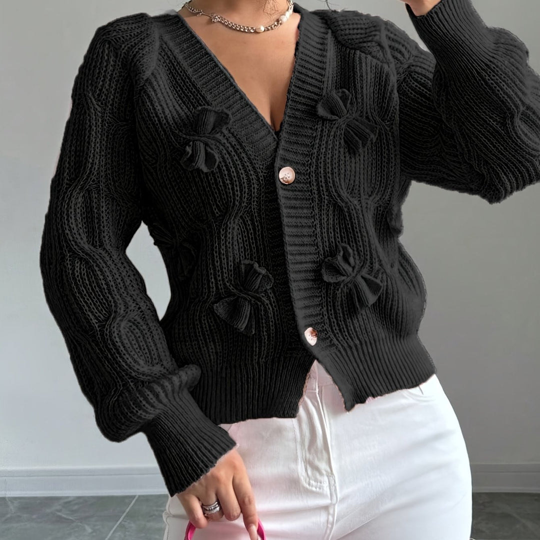Cable Knit Cardigan for Women, V-Neck with Bow Detail
