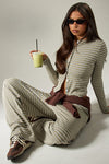Striped Lounge Set for Women, Button Front Top and Pants