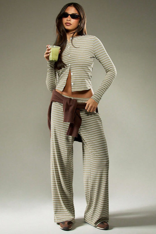 Striped Lounge Set for Women, Button Front Top and Pants