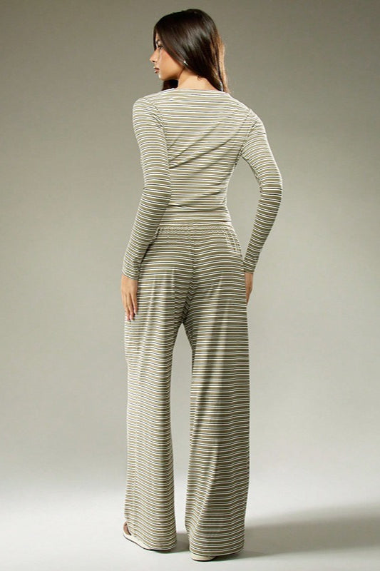 Striped Lounge Set for Women, Button Front Top and Pants