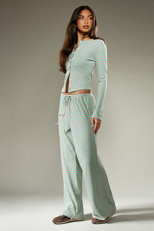 Striped Lounge Set for Women, Button Front Top and Pants