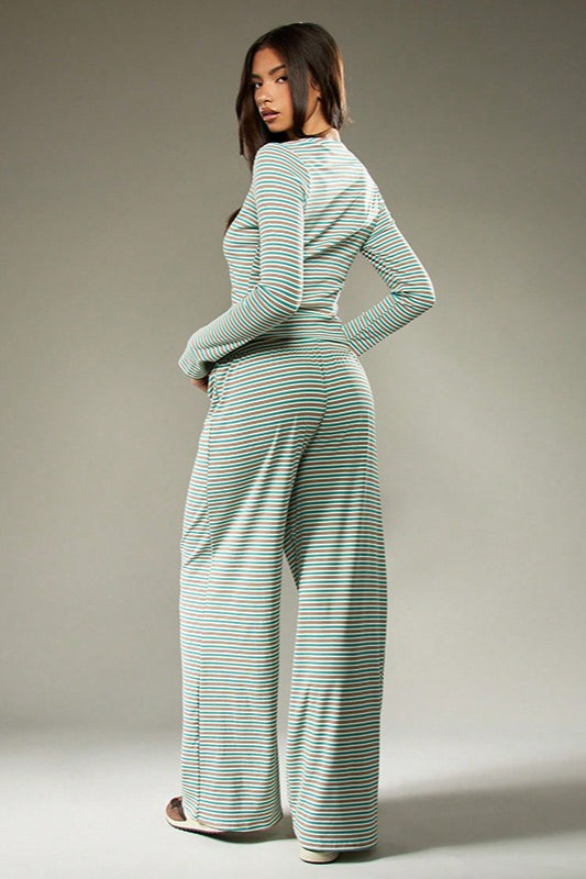 Striped Lounge Set for Women, Button Front Top and Pants