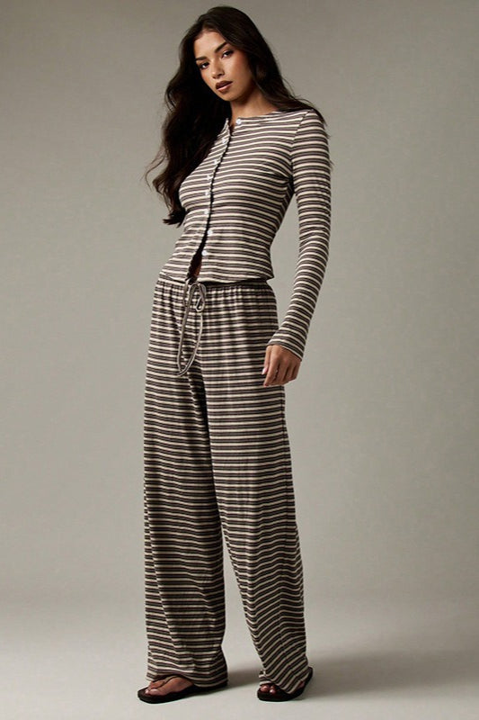 Striped Lounge Set for Women, Button Front Top and Pants